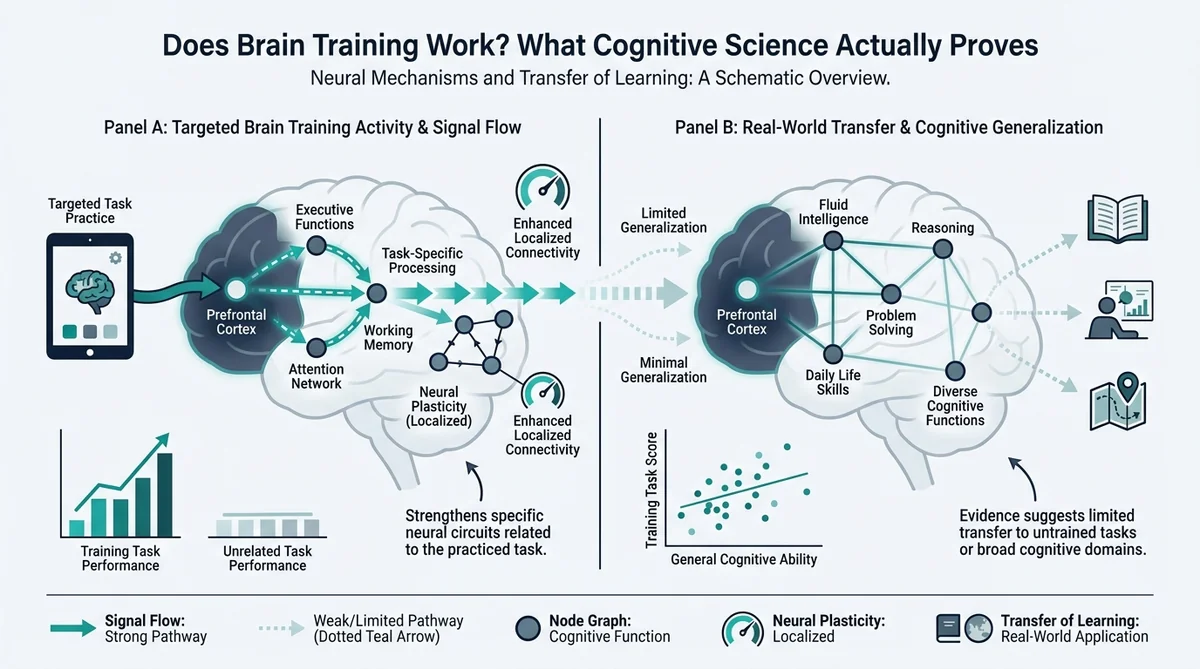 Brain training research evidence, neural plasticity circuits, and cognitive transfer mechanisms diagram
